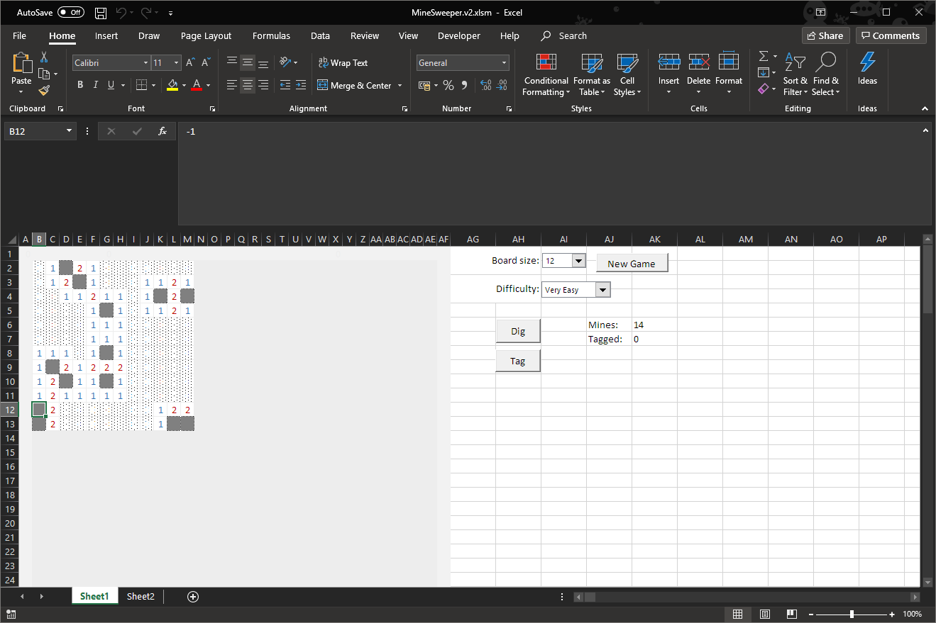 Screenshot of the game Mine-Sweeper game running in Excel.